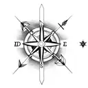 A dotwork compass arrow with a bow and arrow incorporated into the design tattoo design idea