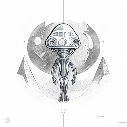 alien in outer space with the name "Dominic" in background  tattoo design idea