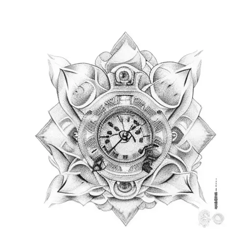 un reloj con una brujula,que tenga una cadena bajando y con ella este adornada de orquideas con un candado una llave  tattoo design idea