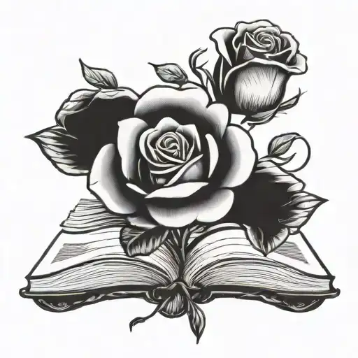 A detailed blackwork tattoo of a rose intertwined with books, symbolizing the love for reading and discipline tattoo design idea