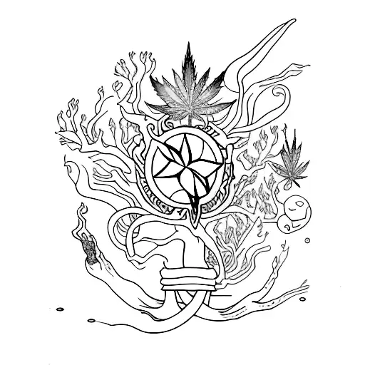 Phantasmagorical scene of afterlife infused with cannabis and mushrooms tattoo design idea