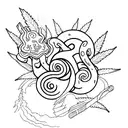 Phantasmagorical scene of afterlife infused with cannabis and mushrooms tattoo design idea