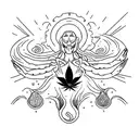 Phantasmagorical scene of afterlife infused with cannabis and mushrooms tattoo design idea