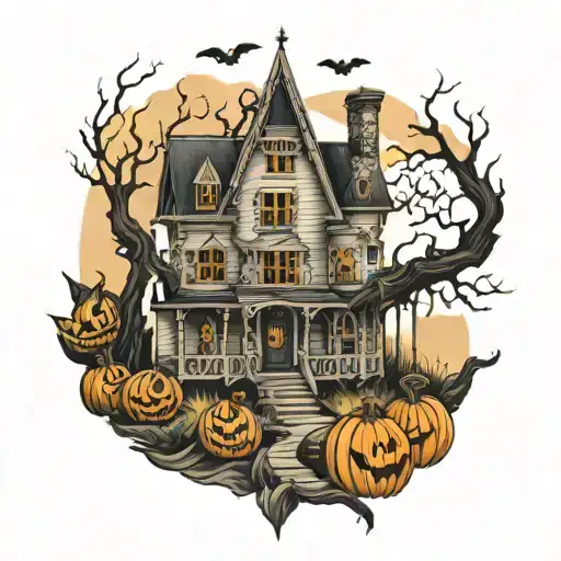 haunted house, Holloween, spooky tattoo design idea