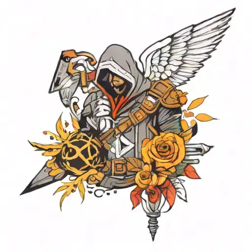 video game inspired sleeve inspired by early assasins creed, wow, league of legends, death stranding   tattoo design idea
