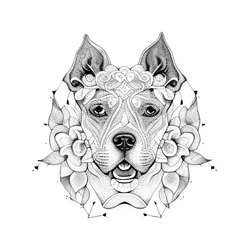 A blackwork illustration of a pitbull's face intertwined with elegant floral patterns tattoo design idea