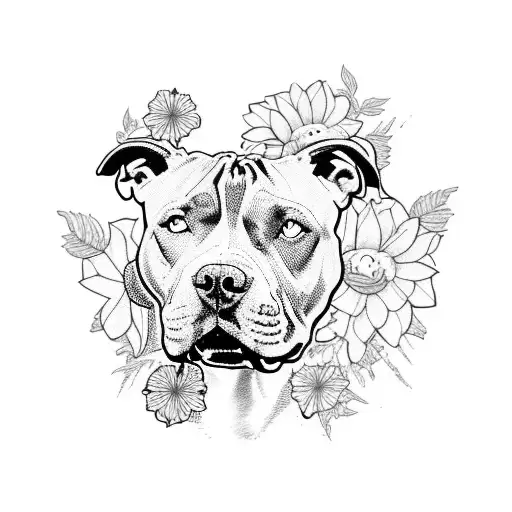 A fierce and majestic pitbull surrounded by vibrant flowers tattoo design idea