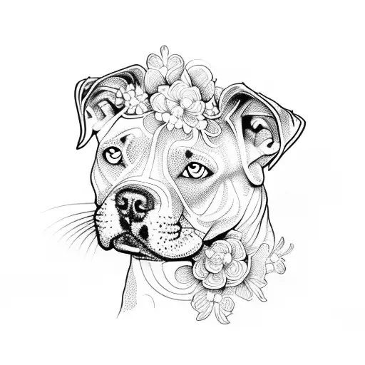 An intricate dotwork design featuring a pitbull and blooming flowers tattoo design idea