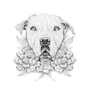 An intricate dotwork design featuring a pitbull and blooming flowers tattoo design idea
