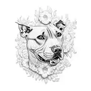 An intricate dotwork design featuring a pitbull and blooming flowers tattoo design idea