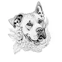 An intricate dotwork design featuring a pitbull and blooming flowers tattoo design idea