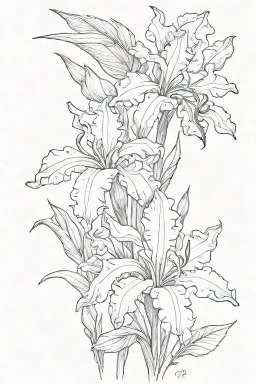 iris, gladiola, and bird of paradise flower tattoo design idea
