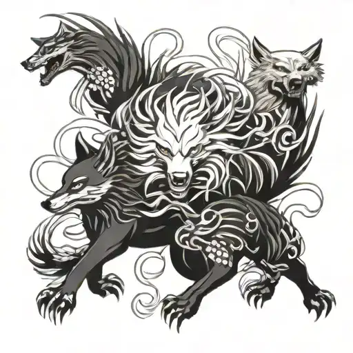 kyuubi nine tailed fox surrounded wolves fighting tattoo design idea