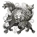 kyuubi nine tailed fox surrounded wolves fighting tattoo design idea