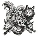 kyuubi nine tailed fox surrounded wolves fighting tattoo design idea