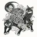 kyuubi nine tailed fox surrounded wolves fighting tattoo design idea