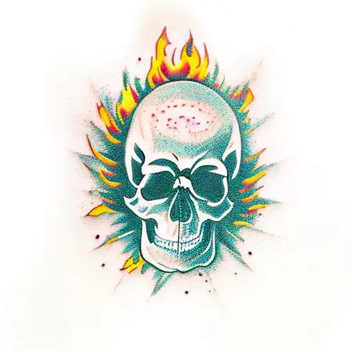 A realistic skull engulfed in vibrant flames with an ace of spades as the eye socket tattoo design idea