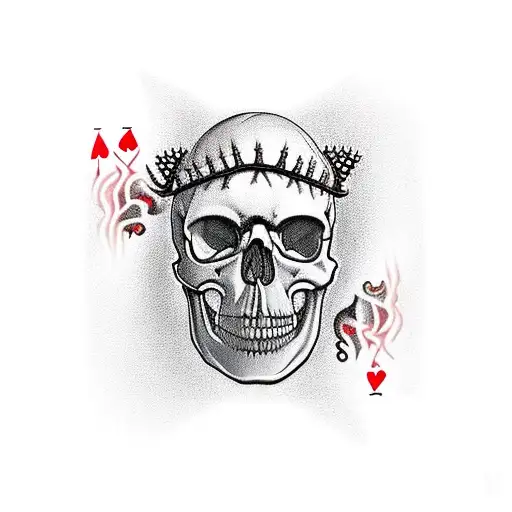 A realistic skull with a wide jaw and crown of thorns in the middle of a flaming ace of spades card tattoo design idea
