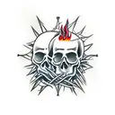 A realistic skull with a wide jaw and crown of thorns in the middle of a flaming ace of spades card tattoo design idea