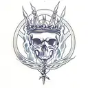 A realistic skull with a wide jaw and crown of thorns in the middle of a flaming ace of spades card tattoo design idea