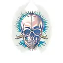 A realistic skull with a wide jaw and crown of thorns in the middle of a flaming ace of spades card tattoo design idea