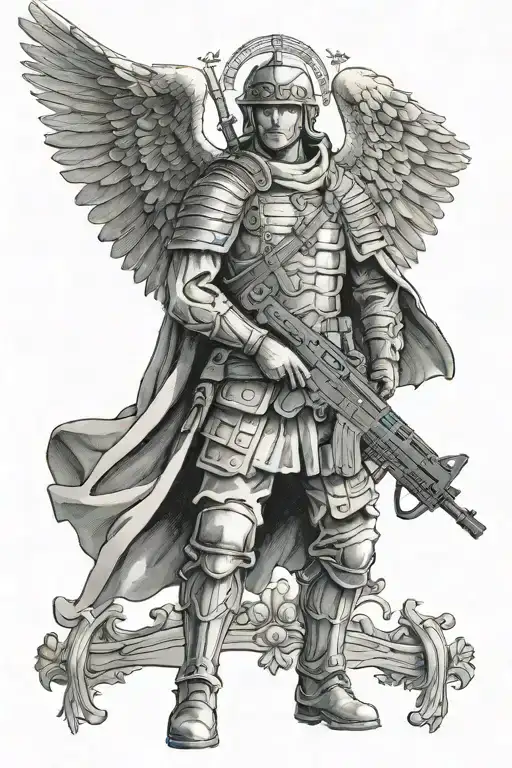 Archangel Michael dressed as a modern Russian soldier holding an AK-12 on his chest on a bulletproof vest is the Cross of Constantine tattoo design idea