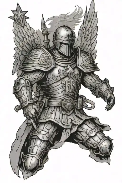 Archangel Michael in the image of a modern Russian soldier on a bulletproof vest patch with the cross of Constantine tattoo design idea