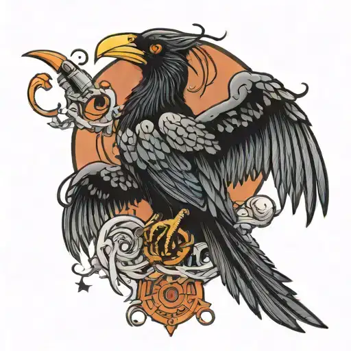 celestial crow cawing and perched on tentacles in a space vortex tattoo design idea