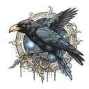 open beaked celestial crow perched on tentacles in a space vortex tattoo design idea