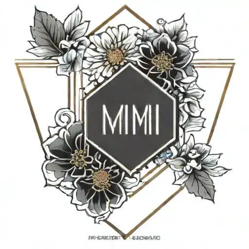 Art deco style that says "Mimi" and has a marigold. tattoo design idea