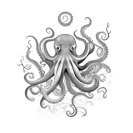 An octopus with intricate tentacles and vibrant colors, surrounded by coral reefs tattoo design idea