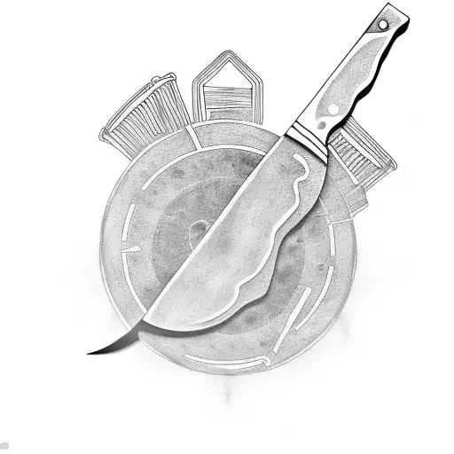 A black and grey tattoo of a vinyl record with a chef's knife tattoo design idea