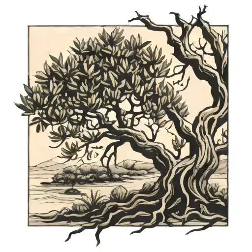 olive tree with roots reaching deep in black and white tattoo design idea