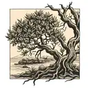 olive tree with roots reaching deep in black and white tattoo design idea