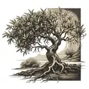 olive tree with roots reaching deep in black and white tattoo design idea