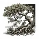 olive tree with roots reaching deep in black and white tattoo design idea