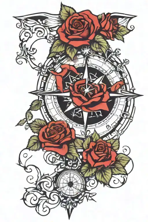 Old School Compass pointing north, a rose on the top of the compass with the roses vine coming down and wrapping around  tattoo design idea