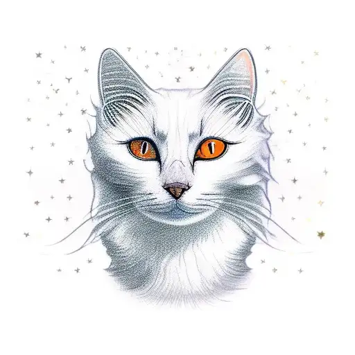orange Turkish van cat, fluffy, orange eyes, clouds, stars tattoo design idea