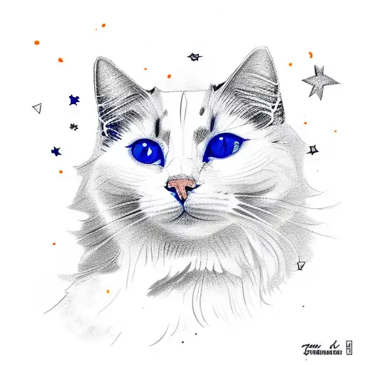 Turkish van cat mostly white, orange markings, fluffy, orange eyes, clouds, stars tattoo design idea