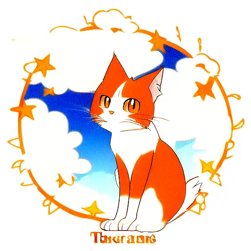 orange Turkish van cat, fluffy, orange eyes, clouds, stars tattoo design idea