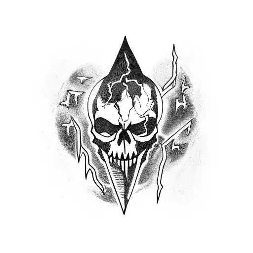  a skull pierced with a dagger and lightning in the background tattoo design idea