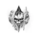  a skull pierced with a dagger and lightning in the background tattoo design idea