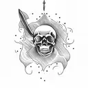  a skull pierced with a dagger and lightning in the background tattoo design idea