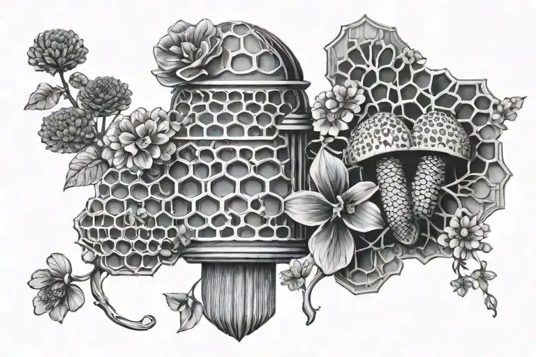 3D Honeycomb with morel, oyster, and amanita mushrooms  and small flowers coming from the combs  tattoo design idea