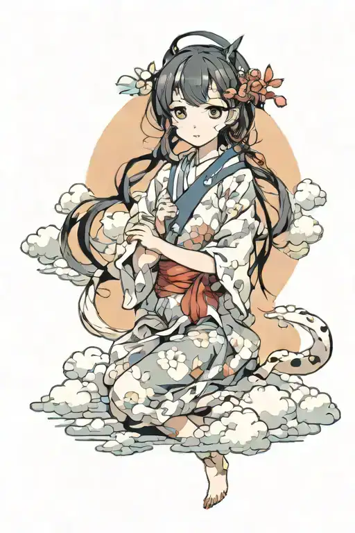 Japan anime girl with Catana on clouds tattoo design idea