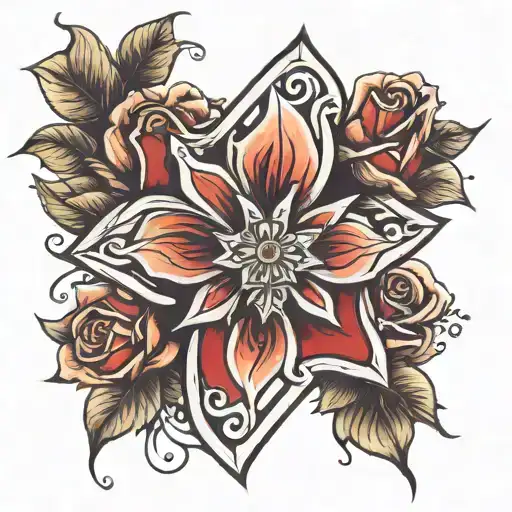 maltese cross, roses blooming tattoo design idea