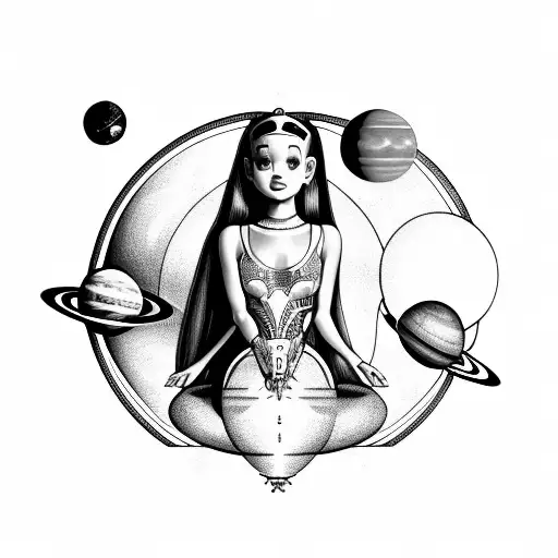 Ariana Grande sitting on Saturn with solar system around her head tattoo design idea