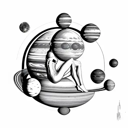Ariana Grande sitting on Saturn with solar system around her head tattoo design idea