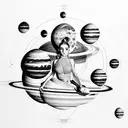 Ariana Grande sitting on Saturn with solar system around her head tattoo design idea