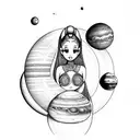 Ariana Grande sitting on Saturn with solar system around her head tattoo design idea
